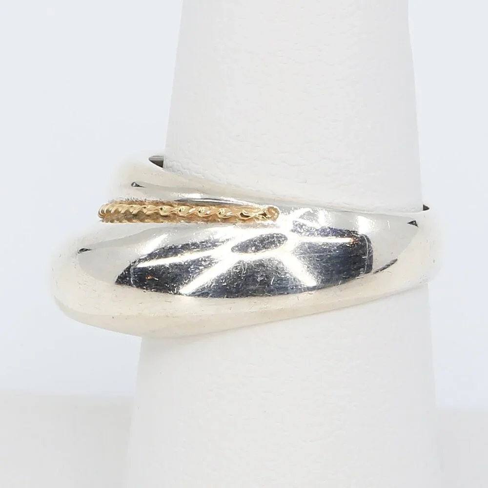 Vintage Chunky Sterling Silver With 18K Gold Twisted Rope Ring Size 6.75 1980s